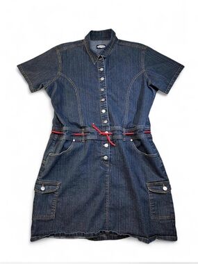 Y2K Zoey & Beth Dark Denim Button-Front Shirt Dress with Red Drawstring